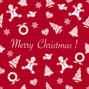 与圣诞节和新年符号无缝模式。圣诞树, 圣诞花环, 姜饼人, 小鸟, 铃铛, 星星, 心