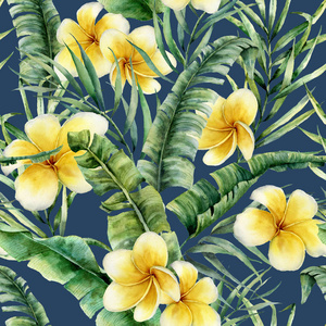 有香蕉叶和鸡蛋的水彩无缝图案。手绘绿色热带棕榈早午餐和花素在深蓝色背景。设计打印或背景的植物学插图