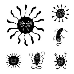 有趣的微生物的类型黑色图标集合中的设计。微生物病原体载体标志物网插图