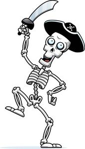 一个卡通插图的海盗骨骼跳舞周围