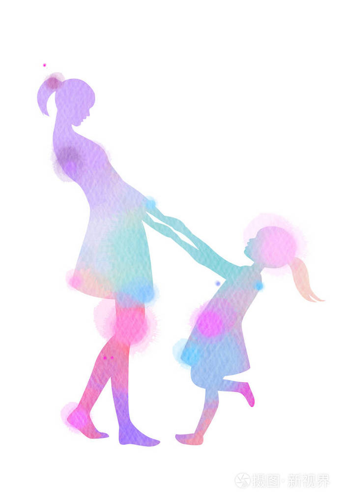 幸福的家庭剪影水彩背景.母亲和女儿.母亲节.数码艺术画