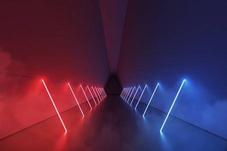 空六角走廊, 有红色和蓝色的霓虹灯沿墙壁和混凝土地板。未来的内部。3d 渲染模拟