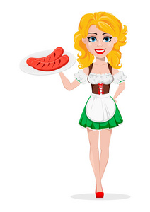 啤酒节。的红发女孩, 卡通人物持有烤香肠在盘子里。白色背景上的矢量插图