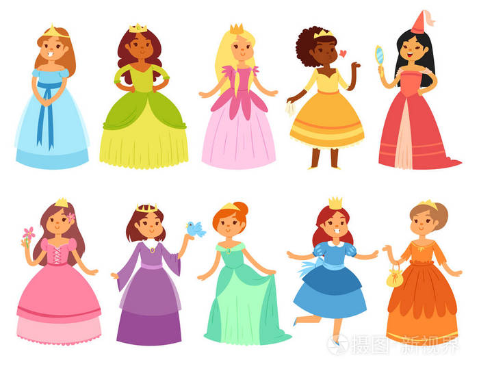 公主矢量小女孩的性格在美丽的少女礼服与皇冠插图仙女套卡通人物和