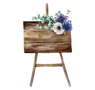 水彩装饰卡与蓝海葵。手绘桉树叶, 树枝, 植物和花束在白色背景下分离。设计, 布料或背景的花卉插图