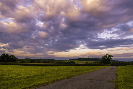 美丽的早晨的天空在农村新泽西州特色领域和路径的前景
