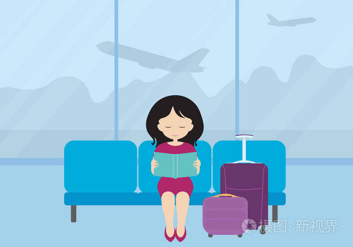 平面设计插图一个年轻的女人带着手提箱和行李坐在机场大堂的座位上