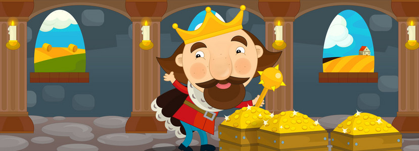 卡通场景的国王在宝物房间图片