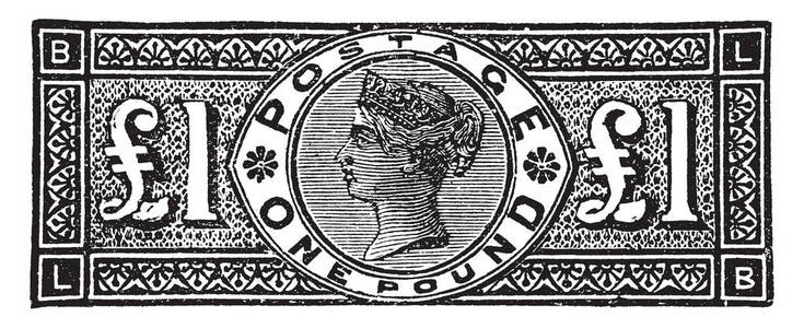 这个形象代表大不列颠和爱尔兰一英镑邮票从1883年到 1884, 复古线图画或雕刻例证