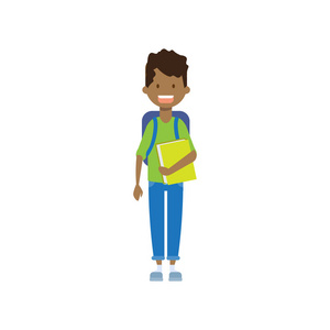 非洲学校男孩与书, 全长头像在白色背景, 成功的学习概念, 平的卡通设计
