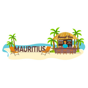 海滩的酒吧。毛里求斯。旅行。棕榈 饮料 夏天 休闲椅 热带