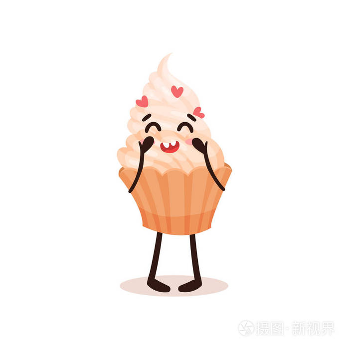 可爱的蛋糕与滑稽的面孔, 人性化甜点卡通人物矢量插图白色背景