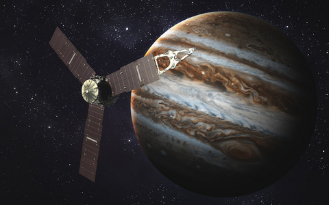 朱诺航天器和木星。这幅图像由美国国家航空航天局提供的元素