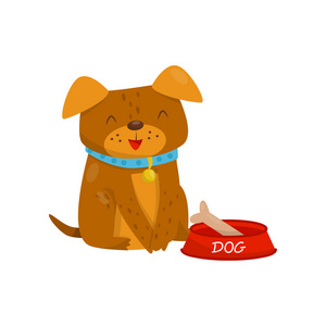 狗滑稽的卡通人物滑稽的狗坐在一碗食物旁边, 可爱的家养宠物动物卡通