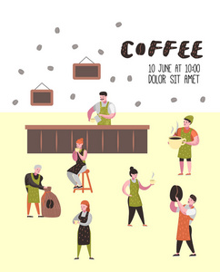 咖啡店里的男人和女人都是扁平的人物。卡通咖啡厅工作人员与杯子, 杯子和咖啡豆的海报, 横幅。矢量插图