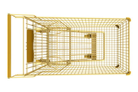 白色隔离的金色空购物车俯视图