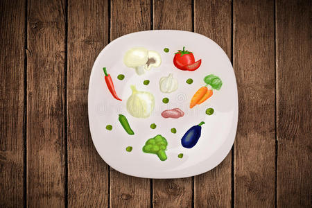 有手绘图标符号蔬菜和水果的彩色盘子