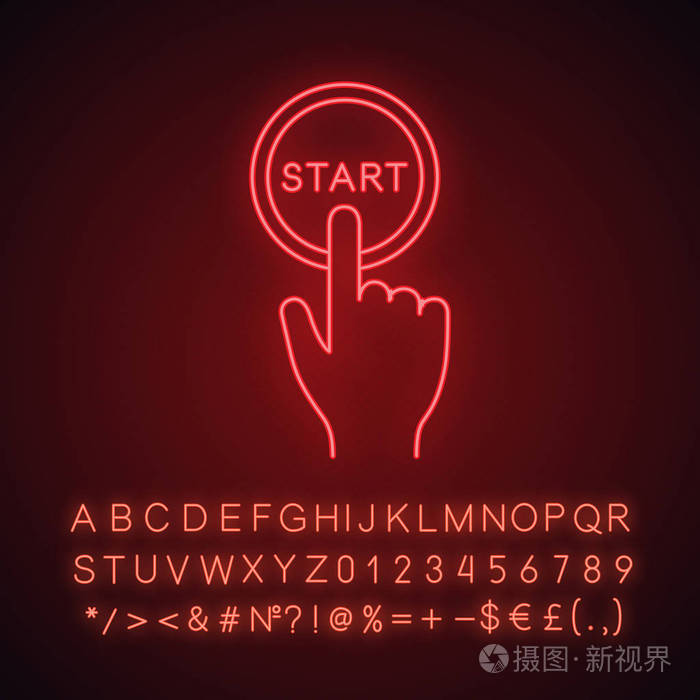 手按启动按钮, 霓虹灯图标.带有字母,数字和符号的发光符号.
