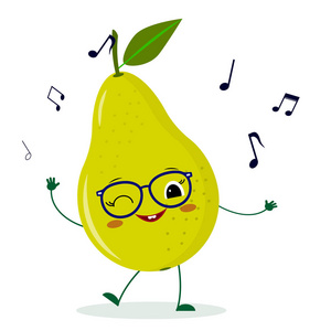 可爱的梨绿色卡通人物在眼镜舞蹈音乐照片