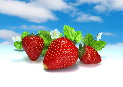 三种莓。在白色的红草莓。静物。图 3 D。数码插图。数字艺术
