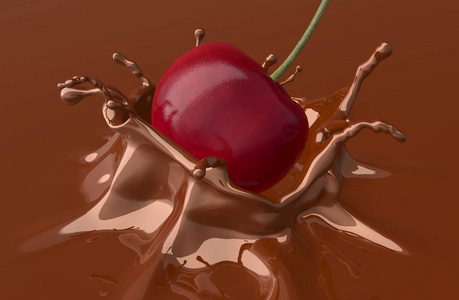 红樱桃飘落, 溅入巧克力, 3d 插图