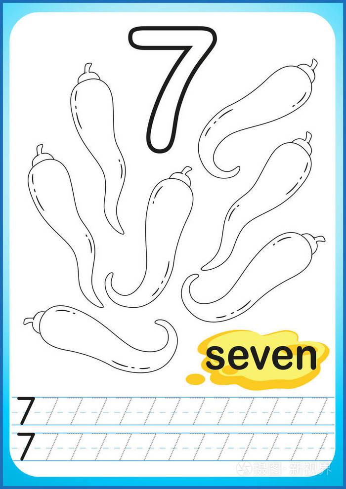 可打印的幼儿园和学前工作 表 用于书写数字的练习 简单的难度水平 恢复虚线并将图片着色 明亮的蔬菜收成 着色书为孩子 跟踪游戏的儿插画 正版商用图片0rzof5 摄图新视界