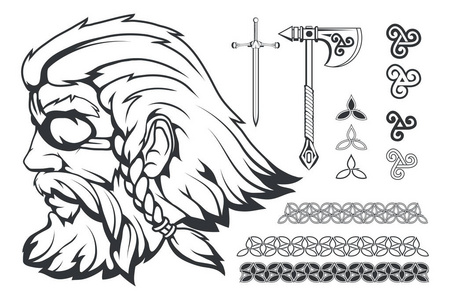 斯堪的纳维亚最高神的北欧神话奥丁。奥汀头手画。卡通胡子男子字符。奥汀, 沃坦纹身。传统的北欧装饰品。矢量图形设计