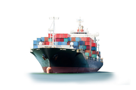 在白色的背景下，货物运输 船舶 航海容器 物流导入导出背景分离的海洋集装箱货物船