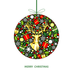 五颜六色的圣诞舞会金色, 红色, 绿色, 白色装饰。新年快乐的背景。金色圣诞驯鹿, 礼物, 雪花。贺卡矢量模板