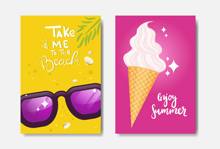 集享受夏日冰淇淋徽章隔离排版设计标签。节日假期字体为标志, 模板, 邀请, 贺卡, 印刷品和海报