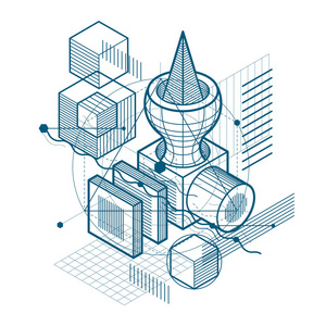 抽象的测图背景，3d 矢量布局。多维数据集 六角形 正方形 矩形和不同的抽象元素的组成