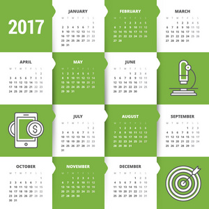 2017年日历。 矢量设计文具模板。 星期