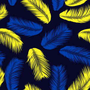 羽毛无缝图案。热带背景。在柔和的色彩设计的丛林树叶。抽象异国情调的墙纸与棕榈叶。用于设计布料布料纺织品的粉红色羽毛。Eps