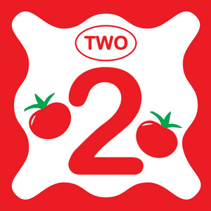 数字二数字 2 (二), 教育卡, 学习计数与蔬菜, 数学.矢量插图照片