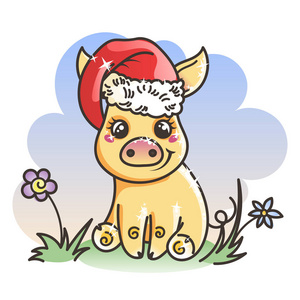 快乐新的2019年卡与卡通金猪。节日小标志