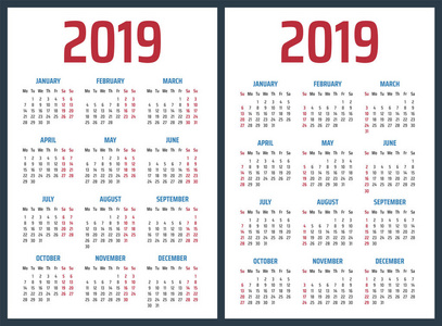 日历为2019开始星期日和星期一, 矢量日历设计2019年