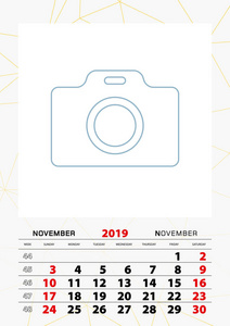 2019年11月日历规划器模板, 周从星期日开始。矢量插图