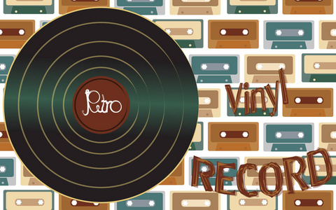 音乐音频是一个古老的复古复古时髦的古董乙烯唱片和题字乙烯基记录在60的背景, 70, 80, 90 的背景下的录音带。向量