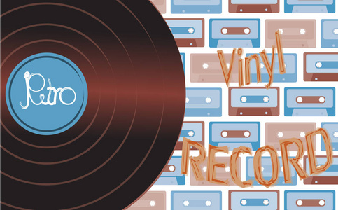音乐音频是一个古老的复古复古时髦的古董乙烯唱片和题字乙烯基记录在60的背景, 70, 80, 90 的背景下的录音带。向量