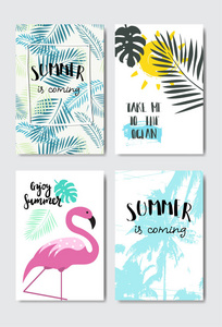 集享受夏日火烈鸟徽章隔离排版设计标签。节日假期字体为标志, 模板, 邀请, 贺卡, 印刷品和海报