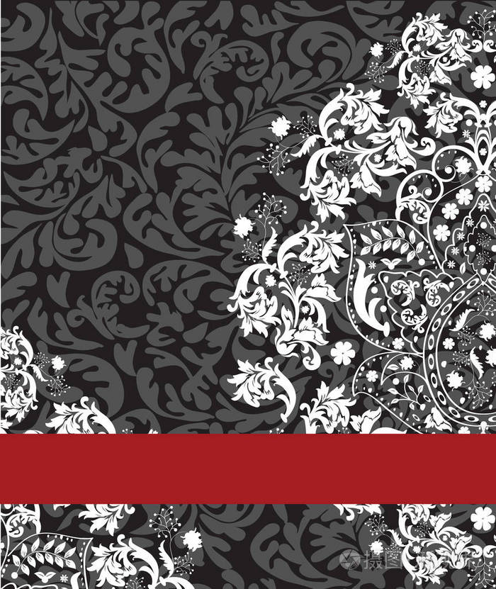 复古邀请卡与华丽典雅抽象花卉设计, 白色的灰色和黑色带红色丝带.