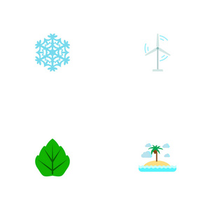 设置自然图标平面风格符号与岛屿, 雪花, 能源风车图标为您的 web 移动应用程序徽标设计