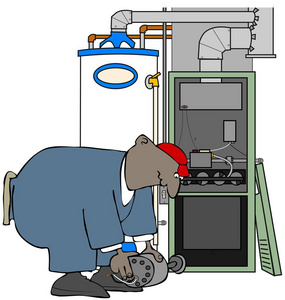 一个黑色暖通空调人在煤气炉安装风扇马达的插图
