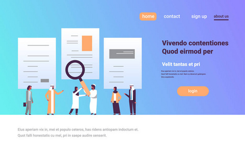 阿拉伯人手拿放大镜变焦简历阿拉伯球队选择候选人空缺职位招聘概念平面水平复制空间