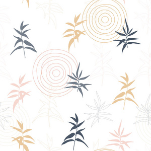 现代矢量无缝模式, 具有程式化小树枝和简单几何形状的植物学主题, 如