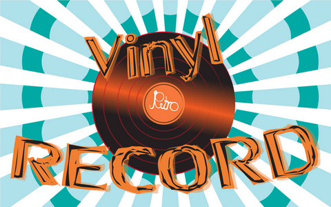 音乐音频是一个古老的复古复古时髦的古董乙烯唱片和题字乙烯唱片的背景下的 60, 70, 80, 90 在抽象射线的背景。向量