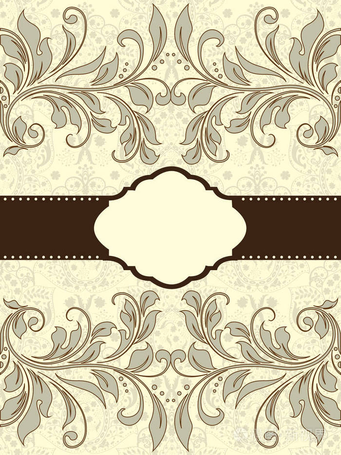 复古邀请卡与华丽典雅抽象花卉设计, 棕色灰色与丝带.矢量插图