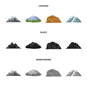 沙漠中的山脉, 一个白雪皑皑的山峰, 一个有冰川的岛屿, 一座雪山。不同山脉集合图标在卡通, 黑色, 单色风格矢量符号股票插画网