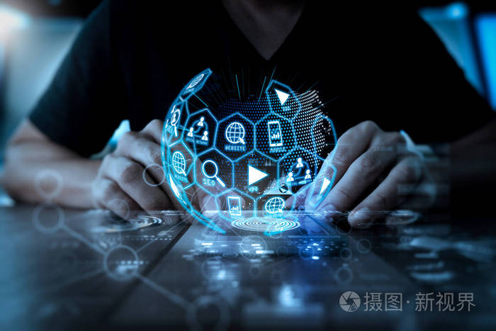 电子邮件, 社会网络, seo, 视频, 移动应用) 在虚拟地球仪形状图
