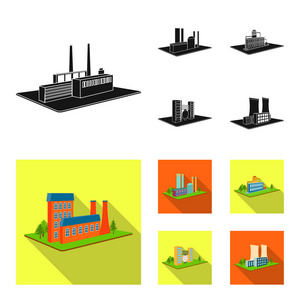 加工厂, 冶金厂。工厂和行业集合图标黑色, 平面式等距矢量符号股票插画网站